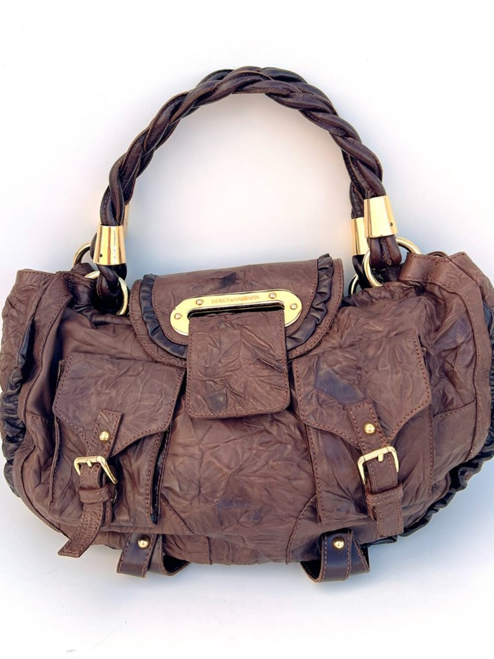 Authentic DOLCE & GABBANA Mainline Brown Crinkled Leather Braided Hobo Bag Y2K